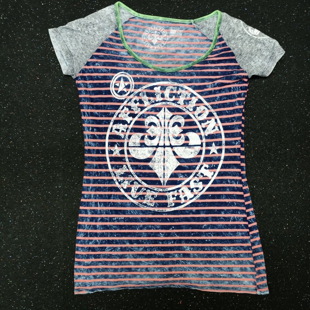 Affliction T Shirt Striped Pink Black Green Collar Women's Medium